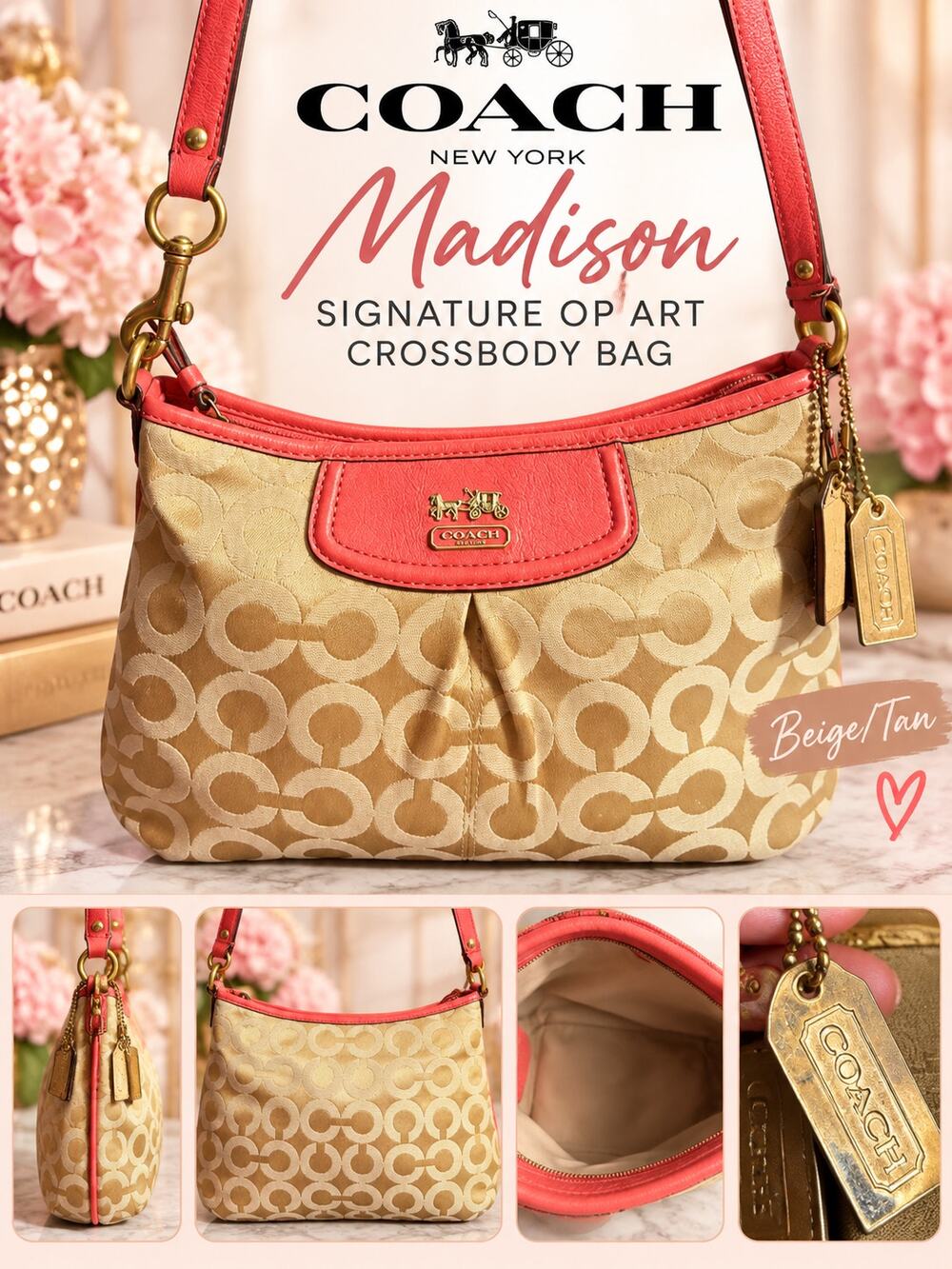 Coach Madison Signature Op Art Crossbody Bag in Beige/Tan